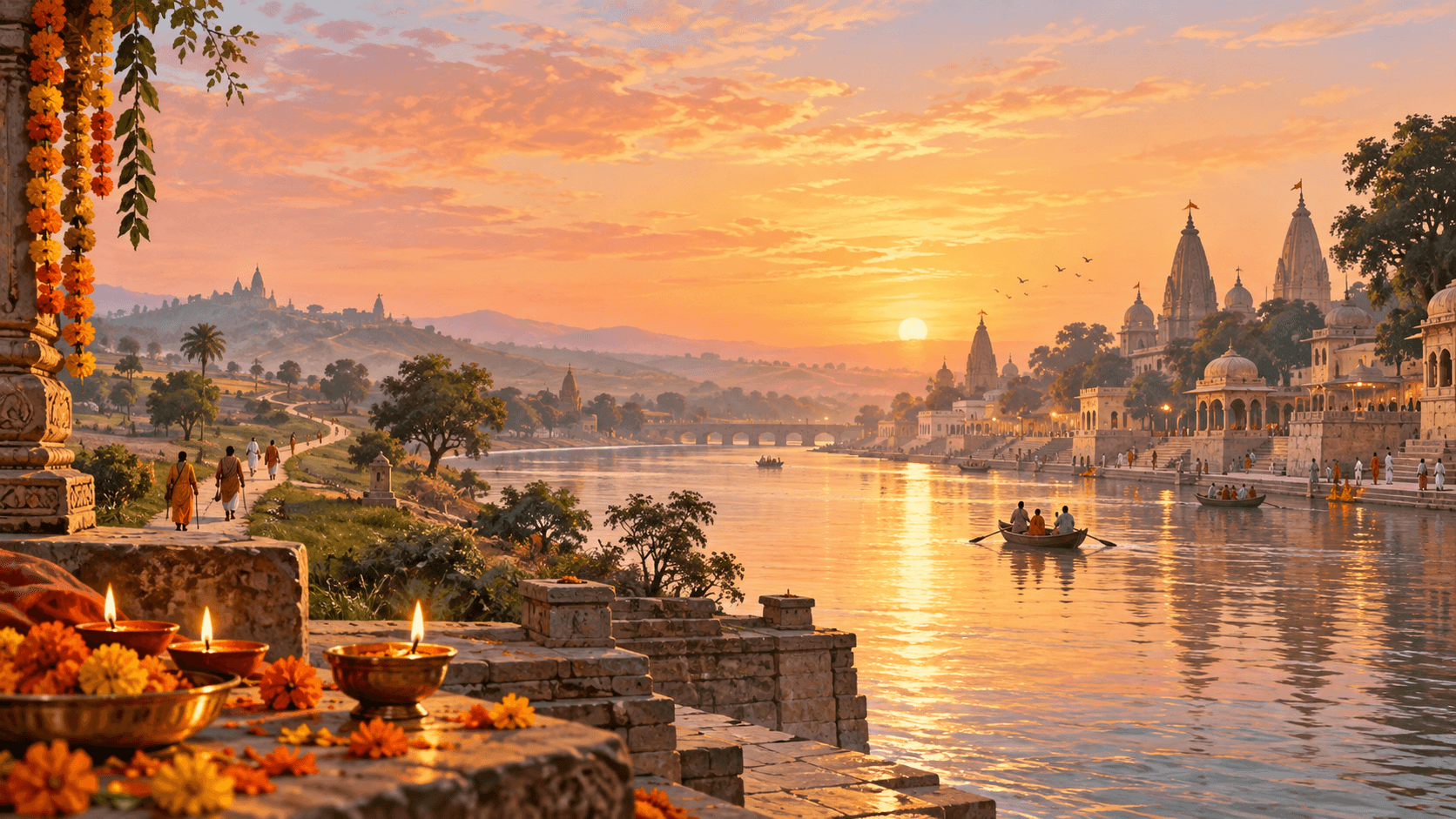 Illustrative dawn panorama of a Rama pilgrimage landscape beside a sacred river
