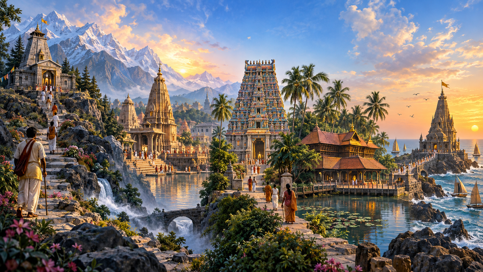 Illustrative panorama of Indian Vishnu pilgrimage architecture from mountains to coast